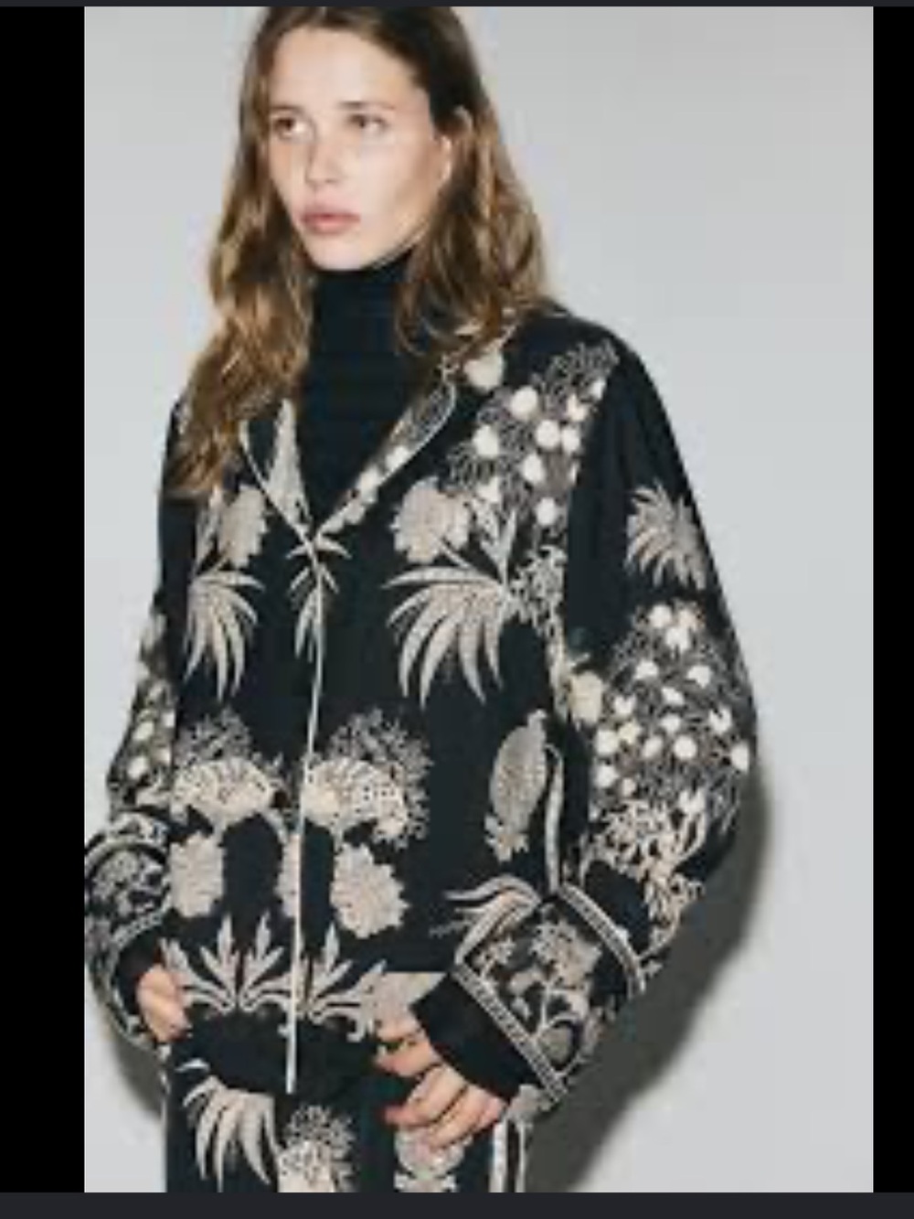 H&M Black Coat with Ivory Botanical Jacquard